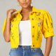 Women's Yellow Cropped Denim Jacket - Short Puff Sleeve Floral-Embroidered Casual Outerwear