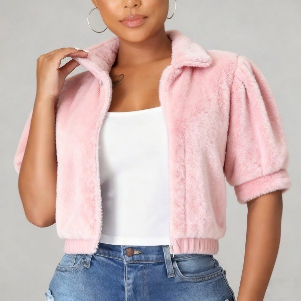 Women's Pink Cropped Faux Fur Jacket - Short Puff Sleeve Zip-Front Casual Outerwear